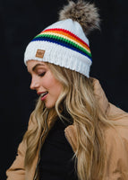 White & Rainbow Striped Pom Hat