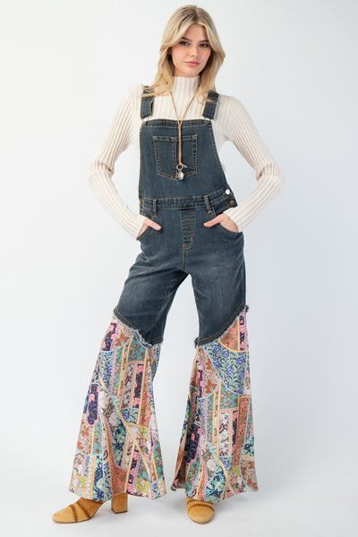 WASHED PRINT BOTTOM DENIM OVERALL PANTS