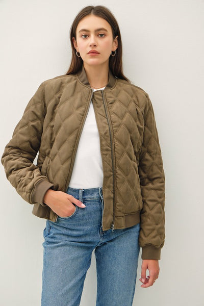 FAUX FUR LINED DIAMOND QUILTED BOMBER JACKET