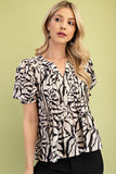 Printed Short Sleeve Blouse with Pintuck Detail