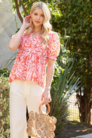 Printed Short Sleeve Blouse with Pintuck Detail