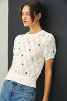 PUFF SLEEVE CROCHET SWEATER W FLOWER EMBROIDERY