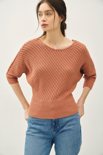 3/4 BATWING SLEEVE DIAGONAL STRIPE SWEATER