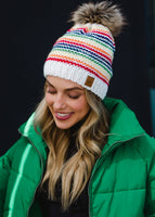 White & Rainbow Striped Pom Hat