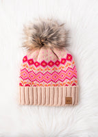 Blush, Pink & Orange Patterned Pom Hat