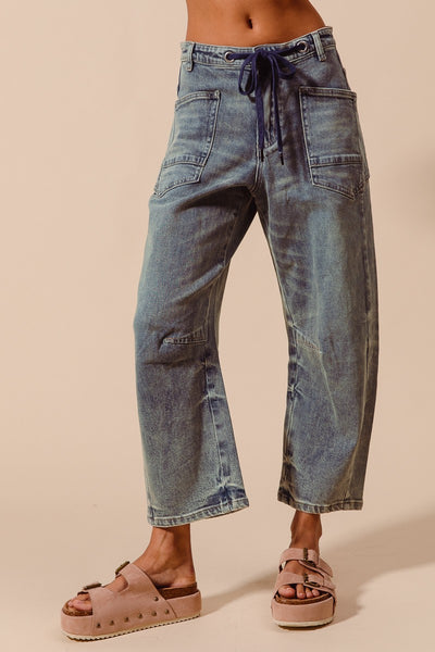 Mid Rise Washed Denim Jeans With Drawstring