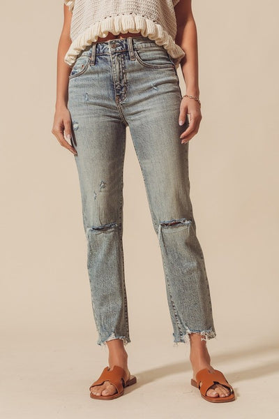 WASHED TAPERED DENIM JEANS WITH RAW HEM