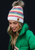 White & Rainbow Striped Pom Hat