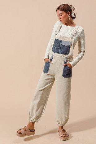 Mixed Stripe Denim Pocket Twill Overalls