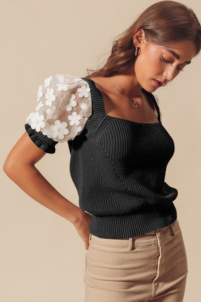 FLORAL LACE PUFF SLEEVE SQUARE NECK KNIT SWEATER