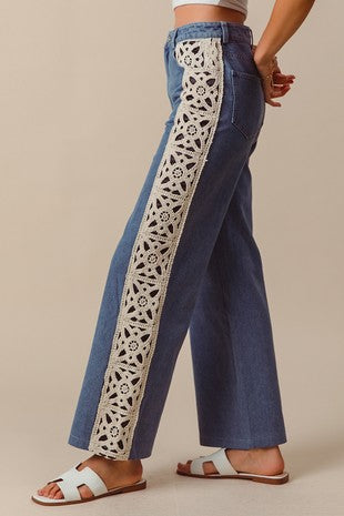 Mid Rise Wide Leg Denim with Floral Sides