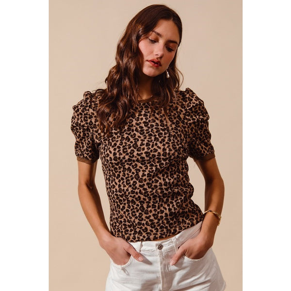 Leopard print rib knit top with pleated puff sleeves