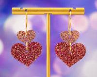 Valentines Earrings Glitter Stacked Hearts Dangles